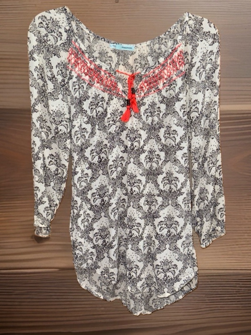 Maurices White Blouse with Black Damask Print and Coral Embroidery-L-EC